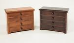 Amish Four Drawer Shaker Jewelry Box Shown in Rustic Walnut with Wormy Maple Drawer Fronts, Burnt Umber Finish for Case, and Natural Finish for Drawer Fronts.