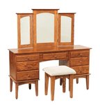 Amish 56 Ostego Shaker Vanity Table with Trifold Mirror Shown in Oak Wood with Michaels Cherry Finish.