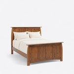 Diagonal angled view showing the right side of a Craftsman panel bed, with four-panel ends framed by flared posts.