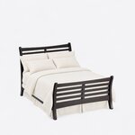High angled view of a contemporary sleigh bed, looking down on both slatted boards, a side rail and the flared posts.