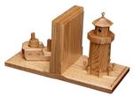 Oak Wood Bookends with Wooden Boat and Lighthouse