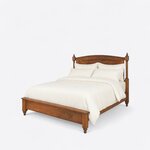 Diagonal angled view showing the left side of a traditional post bed, with an arched headboard between finial-topped posts.