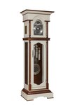 Amish Sinclair Custom Hardwood Grandfather Clock Shown with brushed nickel components, antiquated special walnut stain on trim pieces, and white dove paint with dark walnut rub-through on maple wood.