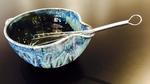 American Made Batter Bowl Pottery with Metal Whisk Blues