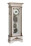 Amish Handcrafted Whitmore Classic Floor Grandfather Clock Shown with brushed nickel components, stockton stain with black glaze on trim pieces, metropolitan paint with black glaze on clock case on clock case on maple wood.