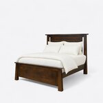 Diagonal angled view showing the left side of a transitional panel bed, with slim headboard cutouts and flared foot legs.