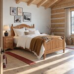 Diagonal angled room view showing the right side of a traditional panel bed with acorn finials, in a log cabin bedroom.