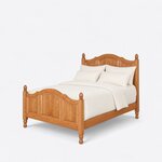 Diagonal angled view showing the left side of a traditional panel bed, with arched three-panel ends and acorn finials.