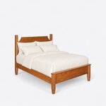 High angled view of a Shaker panel bed, looking down on the scooped headboard, low capped footboard and tapered legs.
