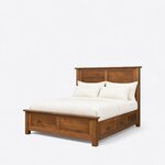 Diagonal angled view showing the left side of a platform storage bed, with a two-panel headboard and three side drawers.