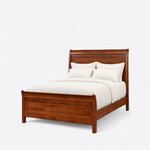 Diagonal angled view showing the left side of a classic sleigh bed, with a rolled-top headboard and a low panel footboard.