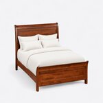 High angled view of a classic sleigh bed, looking down on the rolled headboard, plain side rails and low panel footboard.