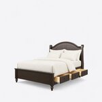 Diagonal angled view showing the left side of a traditional storage bed, with an arched headboard and three side drawers.