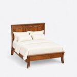 High angled view of a Shaker panel bed, looking down on the three-panel headboard, plain side rails and low footboard.