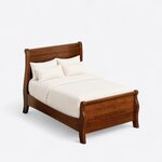 High angled view of a traditional sleigh bed, looking down on the rolled headboard, curved rails and scrolled footboard.