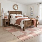 Diagonal angled room view showing the right side of a rustic panel bed with a two-panel footboard, in a white bedroom.