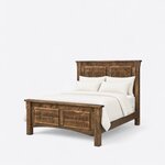 Diagonal angled view showing the left side of a rustic panel bed, with a two-panel headboard and a two-panel footboard.