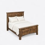 High angled view of a rustic panel bed, looking down on the two-panel headboard, deep side rails and two-panel footboard.