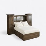 High angled view of a wall unit storage bed, looking down on the mirrored bridge, towers, side drawers and solid footboard.