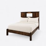 Diagonal angled view showing the left side of a Shaker bookcase bed, with a paneled headboard and a low footboard.