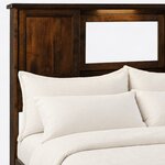 Headboard close-up of a Shaker bookcase bed, showing a recessed side panel, a framed center bay and an overhanging cap rail.