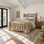 Diagonal angled room view showing the left side of a rustic log bed with a picket footboard, in a white farmhouse bedroom.