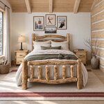 Front room view of a rustic log bed with an arched branch headboard, in a log cabin bedroom with a beamed wood ceiling.