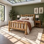 Diagonal angled room view showing the left side of a rustic log bed with a spindle footboard, in an olive-walled bedroom.