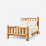 Diagonal angled view showing the left side of a rustic log bed, with a curving log-rail headboard and a spindle footboard.