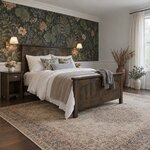 Diagonal angled room view showing the right side of a Mission panel bed with arched panels, in a floral-wallpapered bedroom.