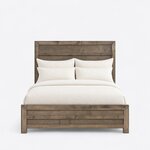 Front view of a contemporary panel bed, showing a tall headboard with horizontal panels and a low two-panel footboard.