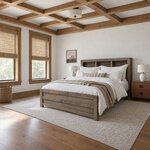 Diagonal angled room view showing the left side of a contemporary bookcase bed with a panel footboard, in a beamed bedroom.