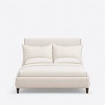 Front view of a contemporary upholstered bed, showing a plain rectangular headboard, a low footboard and tapered legs.