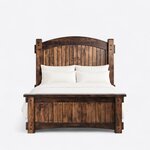Front view of a Mission panel bed, showing a tall arched headboard and a capped footboard, both with vertical plank infill.