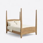 Diagonal angled view showing the right side of a classic pencil post bed, with tall tapered posts and an arched footboard.