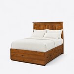 Diagonal angled view showing the left side of a Mission storage bed, with an inlaid plank headboard and three side drawers.