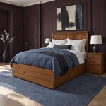 Diagonal angled room view showing the left side of a Mission storage bed with side drawers, in a plum-paneled bedroom.
