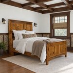 Diagonal angled room view showing the right side of a Mission bookcase bed with drawer towers, in a floral-paneled bedroom.