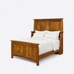 Diagonal angled view showing the left side of a Mission bookcase bed, with a drawer-tower headboard and a panel footboard.