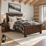 Diagonal angled room view showing the right side of a rustic panel bed with a two-panel footboard, in a log cabin bedroom.