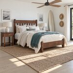Diagonal angled room view showing the right side of a Mission slat bed with a low footboard, in a beach house bedroom.