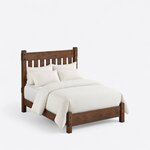 High angled view of a Mission slat bed, looking down on the slatted headboard, plain side rails and low plank footboard.