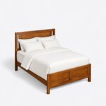High angled view of a modern panel bed, looking down on the slotted panel headboard, side rails and two-panel footboard.