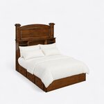 High angled view of a bookcase storage bed, looking down on the headboard cubbies, three side drawers and plain foot end.