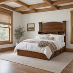 Diagonal angled room view showing the left side of a bookcase storage bed with an arched headboard, in a beamed bedroom.