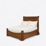 Diagonal angled view showing the left side of a traditional sleigh bed, with a rolled headboard and a low curved footboard.