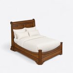 High angled view of a traditional sleigh bed, looking down on the sweeping side rail and the low U-shaped footboard.