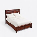High angled view of a classic storage bed, looking down on the plain side rail and the drawer footboard on bun feet.