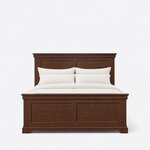 Front view of a traditional panel bed, showing a tall two-panel headboard and a lower two-panel footboard on a plinth base.