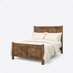 Diagonal angled view showing the left side of a rustic panel bed, with a barn-door braced headboard and footboard.